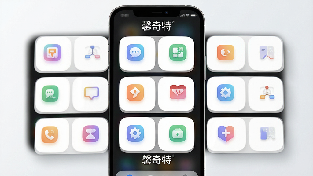 一张表现“馨奇特”多功能集成面板的示意图,主体为手机屏幕上的网格状功能卡片,布局采用三列排列,排版疏密有致,风格清新简约,细节包括卡片圆角、柔和投影和彩色图标,画质细腻干净,画面中带有“馨奇特”文字标识,无多余装饰元素