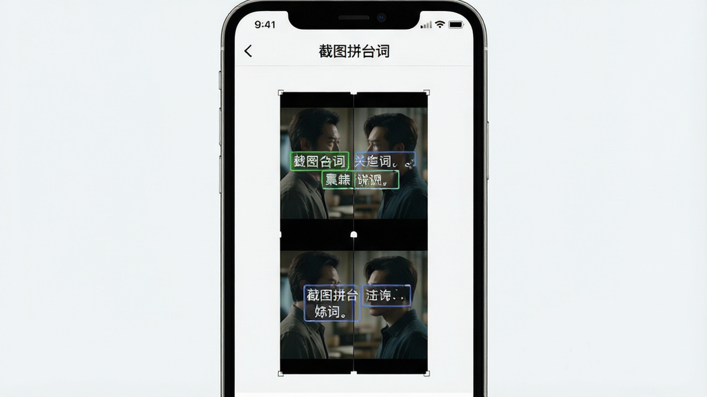 一张手机屏幕展示截图拼台词软件的主操作界面,画面中央是两张电影截图正在被自动识别并纵向拼接,界面顶部显示软件名称“截图拼台词”,整体布局简洁清晰,采用扁平化设计风格,色调以浅色为主,细节上体现台词区域被高亮框选,画质清晰干净,无多余元素