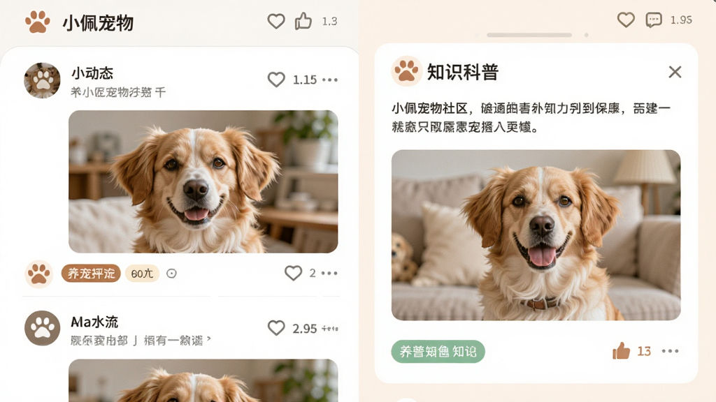 画面主体为小佩宠物社区页面与养宠知识卡片并列展示,布局为左侧社区动态列表右侧知识科普图文卡片,排版清晰分层,风格为温暖社交风,细节包含宠物照片、点赞评论图标、科普标签,画质明亮干净无多余元素