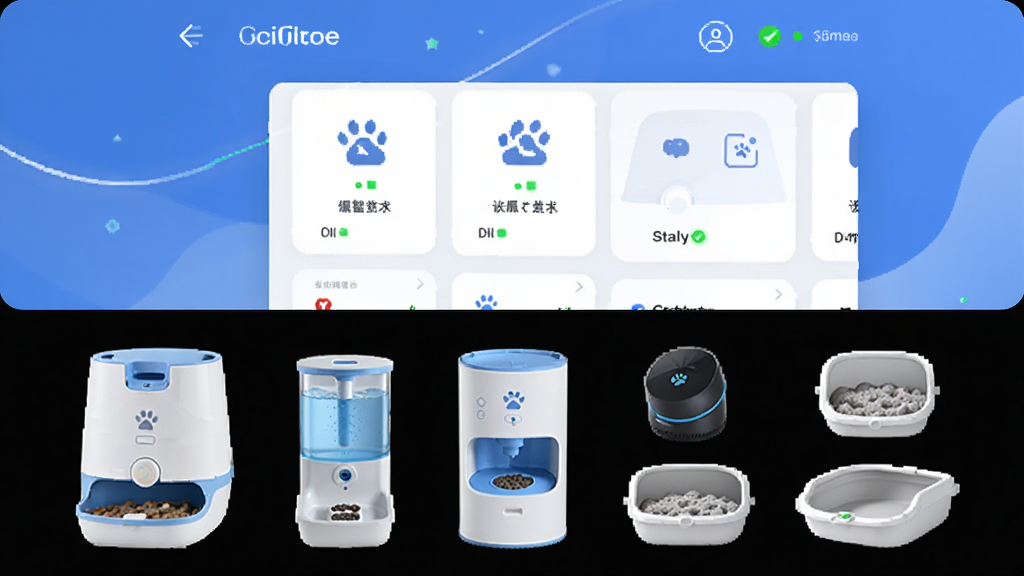 画面主体为小佩宠物应用设备管理界面与多款智能硬件组合展示,布局为上方应用界面截图下方产品矩阵排列,排版整齐有序,风格为科技产品展示风,细节包含喂食器、饮水机、猫砂盆图标与连接状态标识,画质清晰干净无多余元素