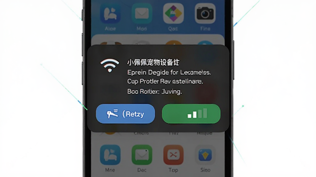 画面主体为手机屏幕显示小佩宠物设备连接失败提示与解决步骤弹窗,布局为居中弹窗配合背景虚化的应用界面,排版突出提示文字与操作按钮,风格为科技故障排查风,细节包含WiFi图标、重试按钮、信号格示意,画质清晰干净无多余元素