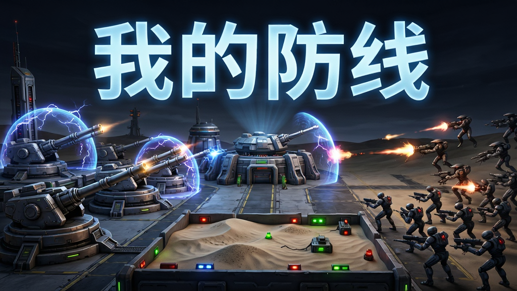 主体为一座科幻风格的防御基地全景,画面中央是