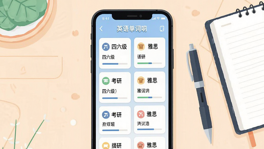 一张表现英语单词呗词库分类功能的AI生图,画面主体为一部手机屏幕,屏幕上以卡片网格形式展示“英语单词呗”的多个词库分类标签,如“四六级”“考研”“雅思”等文字,手机旁有一支笔和一个笔记本,布局为居中构图,风格为清新扁平插画,细节包括卡片上的小图标和进度条,画质清晰干净,无多余装饰元素