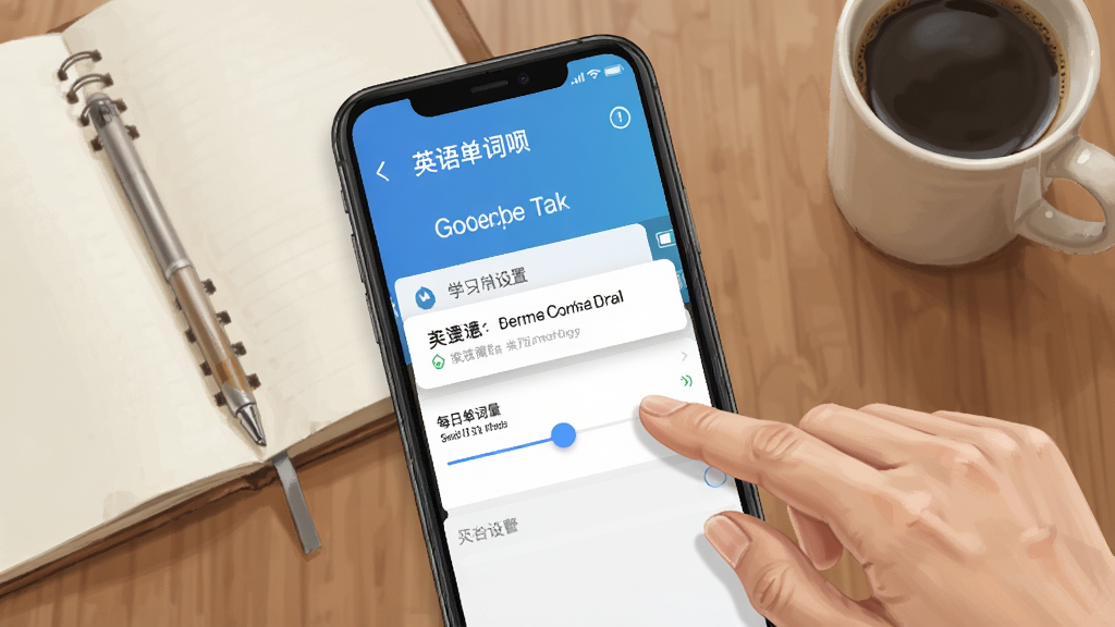 一张英语单词呗新手使用场景的AI生图,画面主体为一部手机屏幕显示“英语单词呗”的学习设置页面,旁边有一只手正在点击屏幕上的“每日单词量”滑块,背景为书桌场景,包含笔记本和咖啡杯,布局为俯视视角,风格为写实插画,细节包括屏幕上的权限提示弹窗和电池优化图标,画质清晰干净,无多余元素