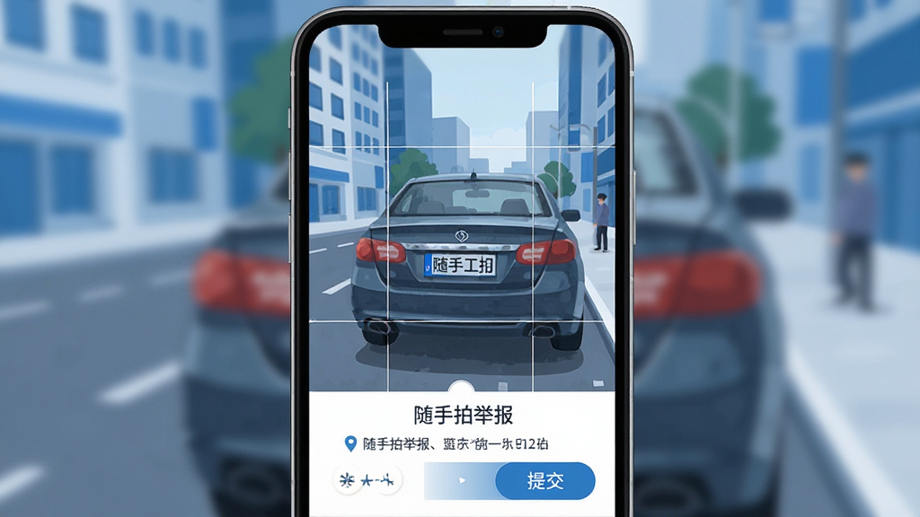 随手拍举报软件拍照取证界面,手机屏幕上显示相机取景框与辅助构图线,画面中有一辆违停车辆与清晰车牌,屏幕下方显示「随手拍举报」定位信息与提交按钮,背景为城市街道,扁平化UI风格,蓝白色调,画面干净整洁,画质清晰