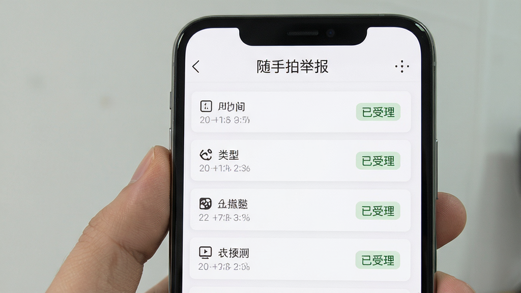 随手拍举报软件举报记录页面,手机屏幕展示举报列表与状态标签,列表项包含时间、地点、类型与「已受理」状态文字,页面顶部有「随手拍举报」标题栏,整体为浅色卡片式布局,风格简洁商务,画面干净,画质清晰,无多余装饰元素