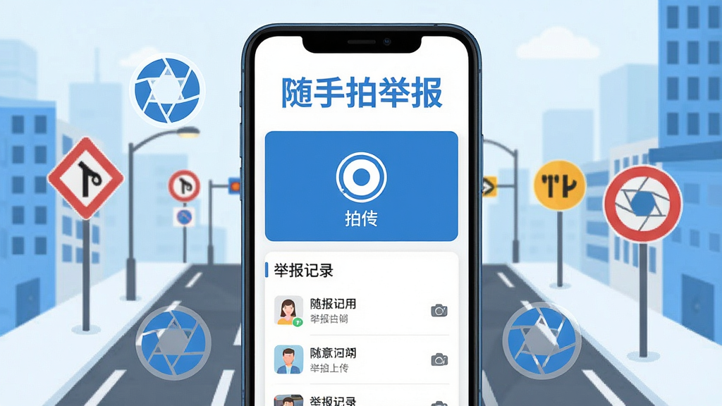 手机屏幕中央展示随手拍举报软件主界面,界面上方为「随手拍举报」文字标题,中部为拍照上传入口与举报记录列表,周围环绕城市道路、交通标识与相机快门图标,整体采用蓝白配色扁平化设计风格,背景干净简洁,画面清晰明亮,画质细腻,无多余元素