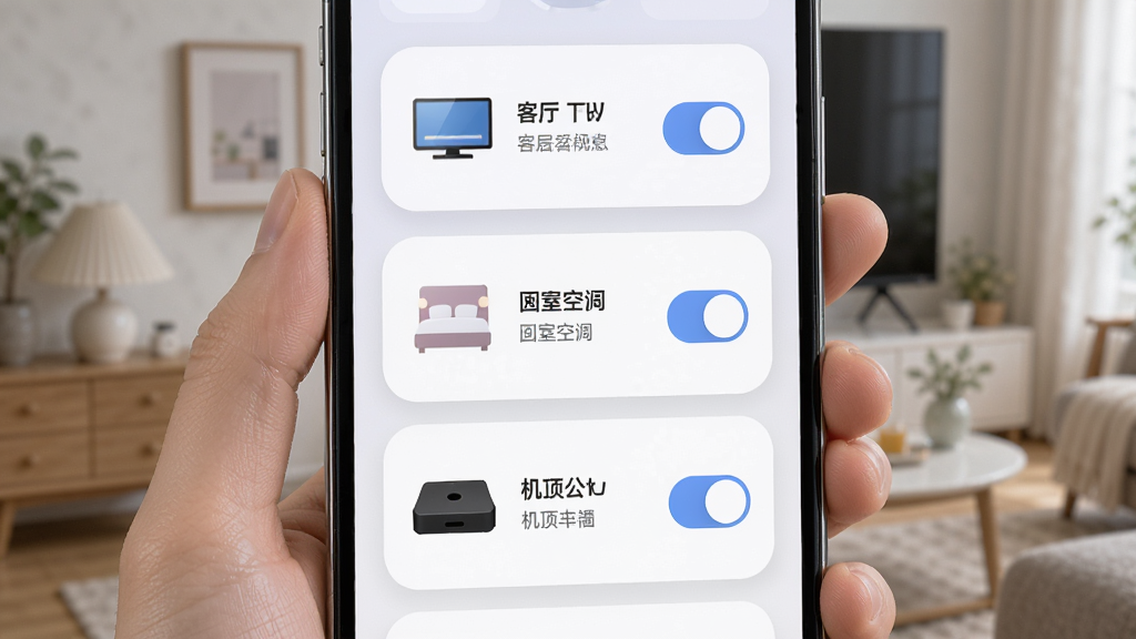 画面主体是手机屏幕展示万能遥控手机电视的多设备管理界面,包含客厅电视、卧室空调、机顶盒三个分组卡片,布局为纵向列表,风格为柔和圆角卡片式,细节包含设备图标与切换按钮,画质清晰干净,无杂乱装饰