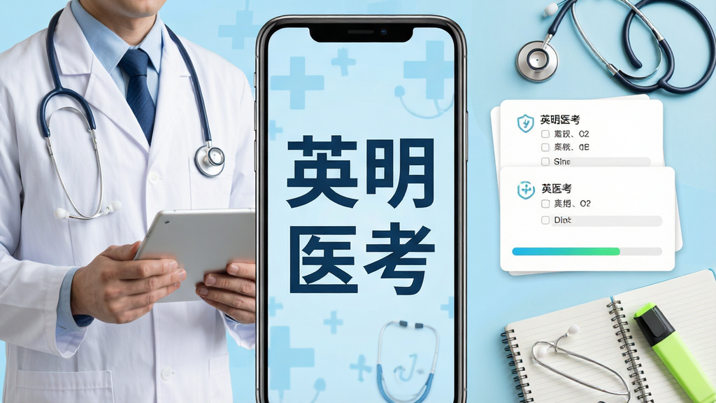 一张手机屏幕展示医学考试题库应用的界面,画面中央是“英明医考”四个大字,背景为浅蓝色医疗风格,左侧有穿白大褂的医生手持平板,右侧排列着选择题卡片和进度条,整体布局简洁清晰,风格清新专业,细节包括听诊器、笔记本、荧光笔等学习元素,画质高清,干净无多余元素
