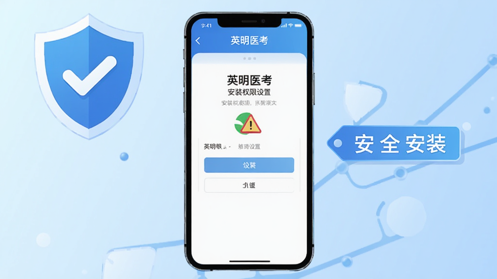 一张AI生成的场景图,画面主体是手机屏幕显示“英明医考”安装权限设置界面,屏幕旁边有盾牌图标和“安全安装”字样标签,布局为手机居中、盾牌在左上角、文字标签在右侧,风格为科技感扁平插画,细节包括对勾、警告三角、浅蓝色渐变背景,画质高清,干净无多余元素
