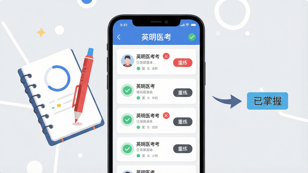 一张AI生成的界面示意图,画面中央是手机屏幕,屏幕上显示“英明医考”错题本列表,每道错题旁边有红色标记和“重练”按钮,屏幕左侧漂浮着笔记本和红色批改笔,右侧有箭头指向“已掌握”标签,布局为手机居中、元素环绕,风格为现代扁平化UI插画,细节包括进度环、对勾图标、浅灰色背景,画质高清,干净无多余元素