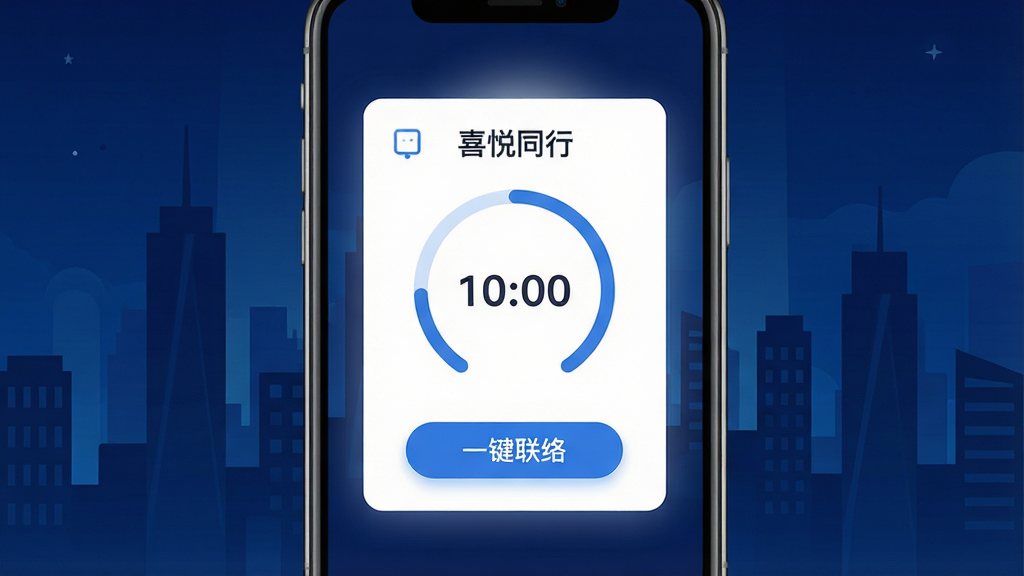 一张表现安全出行提醒功能的界面示意图,画面为手机屏幕特写,屏幕中央显示“喜悦同行”安全签到卡片,卡片上有倒计时圆环与“一键联络”按钮,背景为深蓝色夜间城市剪影,风格为现代科技感扁平设计,细节包含柔和光晕与清晰图标,画质干净无杂乱