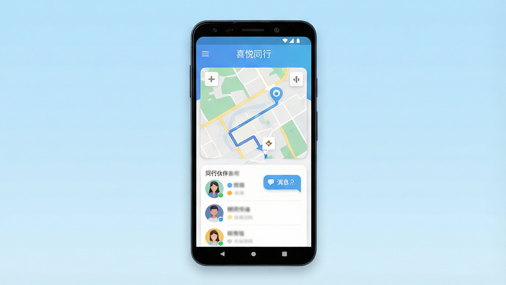 一张手机应用界面展示图,画面中央是一部竖屏安卓手机,屏幕上显示“喜悦同行”应用主界面,顶部有软件名称“喜悦同行”字样,界面包含地图路线、同行伙伴头像列表与消息气泡元素,背景为浅蓝色渐变,整体采用扁平化UI风格,布局简洁清晰,细节包含圆角卡片与柔和阴影,画质干净高清,无多余装饰元素