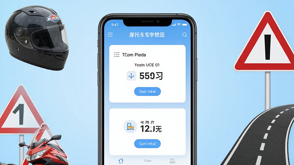 一张展示摩托车驾考学车通软件界面的手机屏幕效果图,画面中央是一部竖屏智能手机,屏幕上显示着软件首页的题库练习与模拟考试入口,背景是简洁的浅蓝色渐变,周围点缀着摩托车头盔、交通标志和道路标线等元素,整体风格清爽现代,排版居中突出手机主体,画质清晰干净,无多余杂乱元素