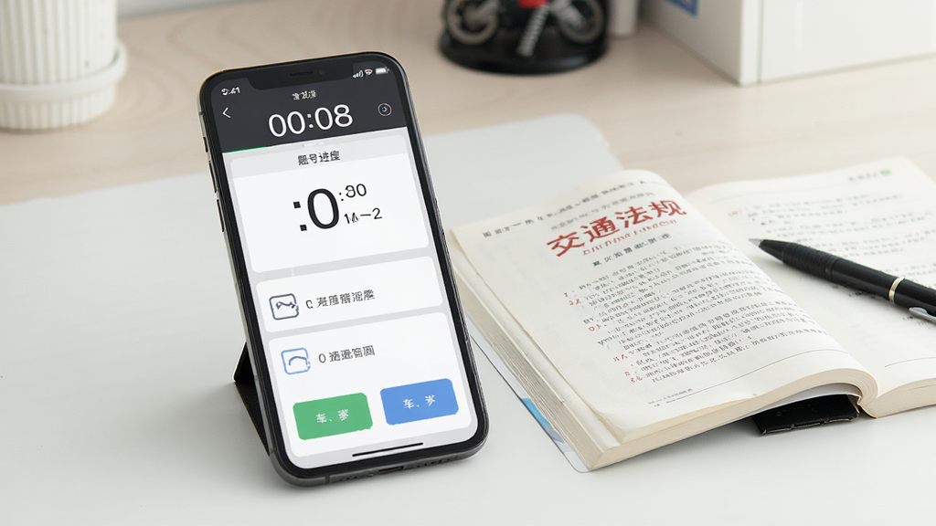 一张表现摩托车驾考学车通模拟考试功能的场景图,画面中一部手机横屏显示考试答题界面,屏幕上方有倒计时和题号进度,下方是选项按钮,手机旁边放着一本翻开的交通法规小册子和一支笔,背景为柔和的书桌场景,风格写实明亮,排版以手机为视觉中心,画质细腻,画面干净整洁