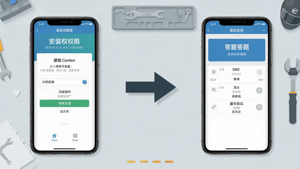 一张展示摩托车驾考学车通安装与使用场景的示意图,画面左侧是一部手机显示安装权限设置界面,右侧是软件答题界面,中间用箭头连接,背景为浅灰色工作台面,风格简洁说明性插画,排版左右分区清晰,画质干净明亮,无多余元素