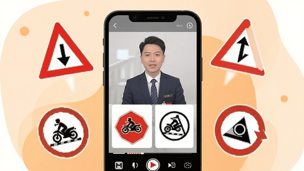 一张展示摩托车驾考学车通视频学习功能的图片,画面中一部手机正在播放交通标志讲解视频,屏幕上有讲师画面和标志图解,手机周围漂浮着几个交通标志图标,背景为温暖的浅橙色,风格扁平化插画,排版活泼,画质清晰,无多余装饰元素