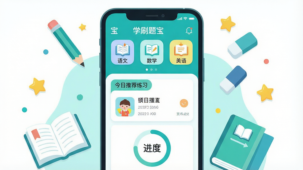 一张展示小学刷题宝软件主界面的手机截图风格插画,画面中央是一部竖屏智能手机,屏幕内显示小学刷题宝的首页界面,包含语文数学英语三个学科入口图标、今日推荐练习卡片和进度圆环,手机周围漂浮着铅笔、橡皮、书本和星星等学习元素,整体采用明亮清新的蓝绿色调,扁平化卡通风格,布局简洁有序,细节丰富,画质高清干净,无多余元素