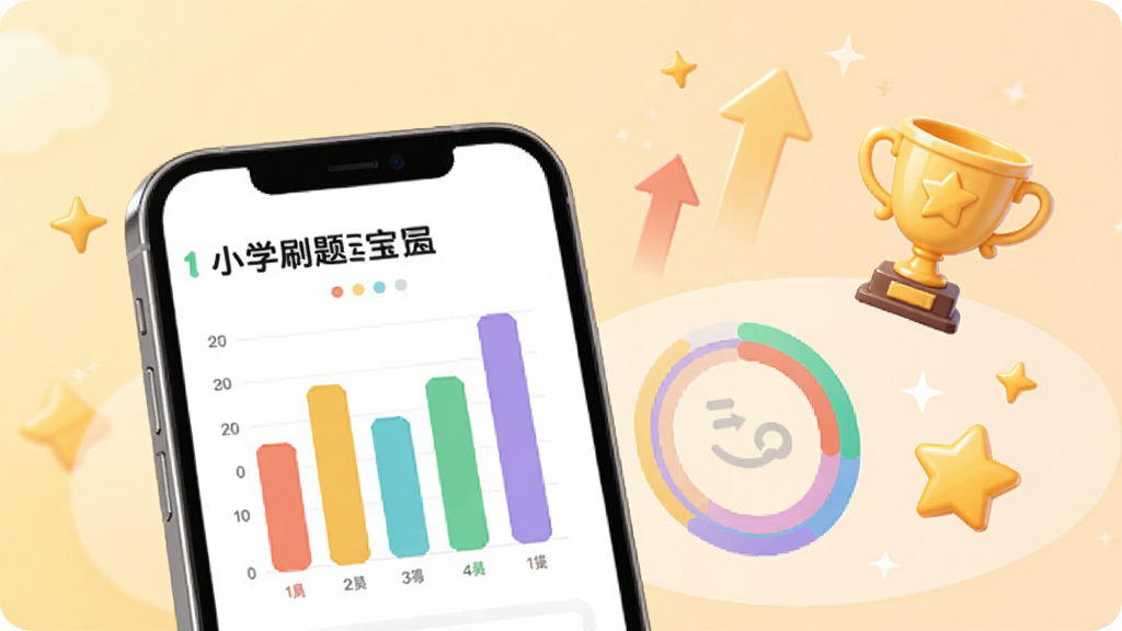小学刷题宝学情报告页面示意图,画面中一部手机显示彩色柱状图和环形进度条,旁边漂浮着奖杯、上升箭头和星星图标,背景为柔和暖色调,风格清新简约,布局清晰,细节精致,画质高清,图中带文字