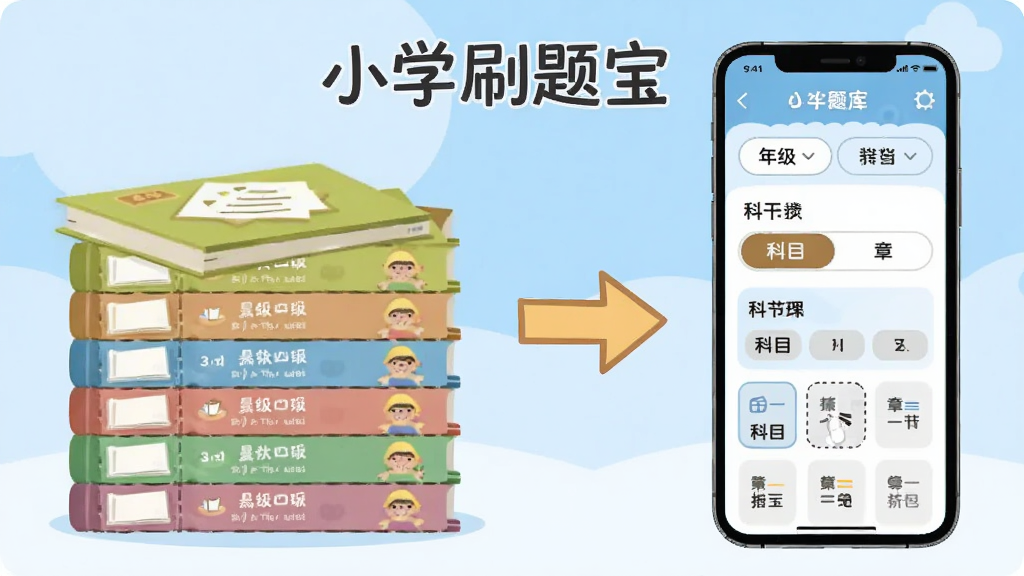 小学刷题宝海量题库界面展示,画面左侧是一摞整齐排列的练习册,右侧是手机屏幕显示题库分类列表,包含年级选择、科目切换和章节导航,中间用箭头连接表示题库同步更新,背景为浅蓝色渐变,卡通扁平风格,细节清晰,画质干净,图中带文字