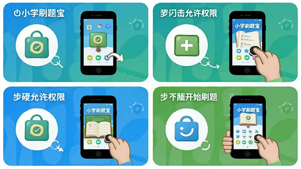 小学刷题宝在手机上的安装与使用流程示意图,画面以四格漫画形式展示下载安装包、点击安装、允许权限、开始刷题四个步骤,每格配有简洁图标和文字标签,整体风格明快活泼,色彩以蓝绿为主,布局规整,细节清晰,画质干净,图中带文字