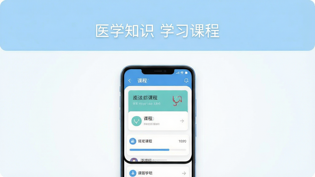 主体为一部竖屏安卓手机,居中摆放,屏幕内展示医学知识学习类应用界面,包含课程卡片与进度条;布局为手机位于画面中央,四周留白,背景为浅蓝色渐变;排版为上下结构,上方留出标题区域,下方为手机主体;风格为清爽扁平化UI展示风格;细节为手机边框圆角、界面文字清晰、图标简洁;画质为高清干净,无多余元素