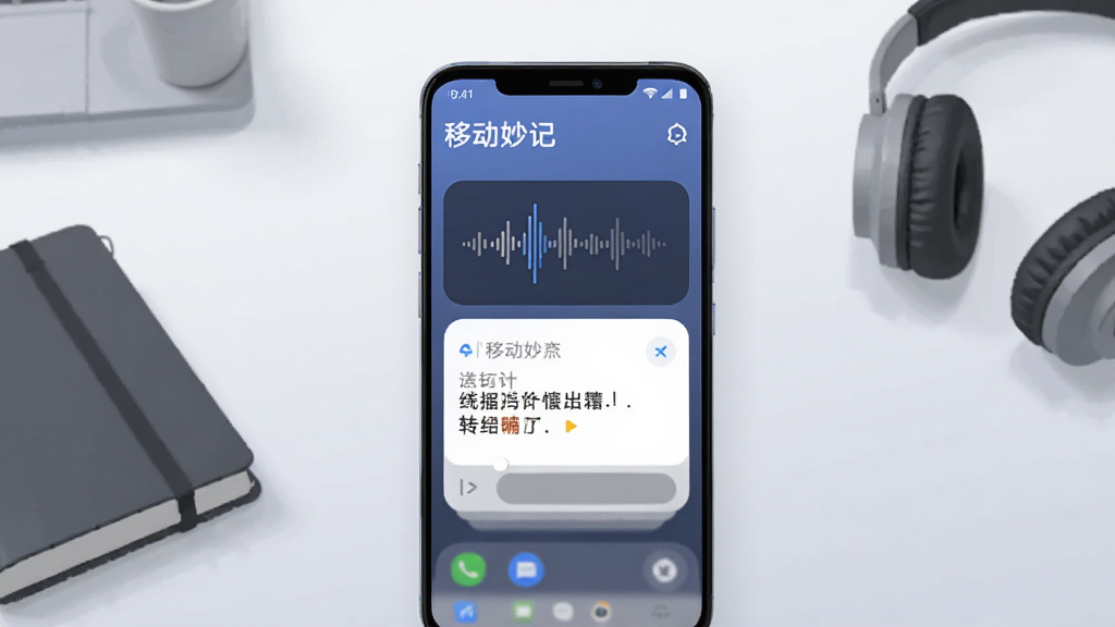 画面中央放置一部竖屏安卓手机,手机屏幕显示“移动妙记”应用主界面,界面中有语音波形与文字转写卡片,背景为简洁的浅灰渐变工作台桌面,桌面上有笔记本与耳机作为点缀,整体采用扁平化科技插画风格,细节包括柔和的阴影与圆角图标,画质清晰干净,无多余元素