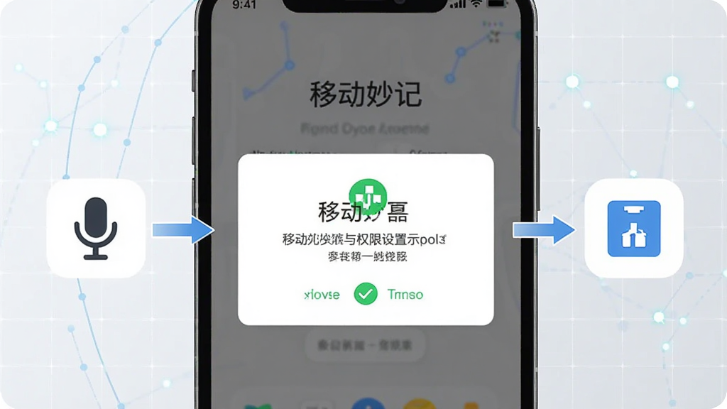 画面为“移动妙记”安装与权限设置示意图,手机屏幕显示权限授权弹窗,旁边有麦克风与存储图标,背景为浅灰科技网格,采用简洁信息图风格,细节包括勾选标记与箭头指引,画质清晰干净,无多余元素
