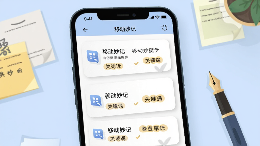 画面主体为“移动妙记”应用内的要点提炼界面,手机屏幕中显示若干条摘要卡片与关键词标签,背景为淡蓝色办公场景,有便签纸与钢笔元素,采用清新简约的矢量插画风格,细节包括卡片投影与图标线条,画质干净清晰,无杂乱装饰