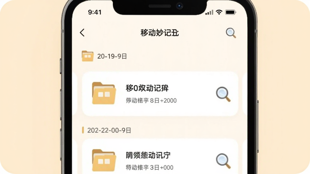 画面展示“移动妙记”记录列表页面,手机屏幕内排列着按日期分组的记录条目,旁边配有文件夹与放大镜图标,背景为柔和米色,整体为扁平化图标风格,细节包括圆角卡片与清晰文字排版,画质干净无多余元素