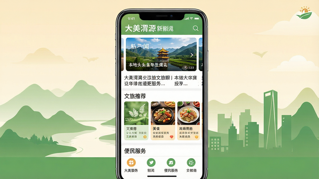 һ���ֻ���Ļչʾ����������Ѷ�����÷������ĳ���ͼ�������������ֻ�����ͼ����Ļ�ڳ��֡�����μԴ��Ӧ����ҳ���֣��Ϸ�Ϊ�����ֲ�ͼ�뱾��ͷ�����в�Ϊ�����Ƽ�����ʳ��Ƭ���ײ�Ϊ���������ڣ��������ůɫ����������ɫ���䣬����ΪμԴɽˮ��Ӱ��������������дʵ�Ҿ����ִ�UI��ƸУ�ϸ�����������ʸɾ��������޶���Ԫ��