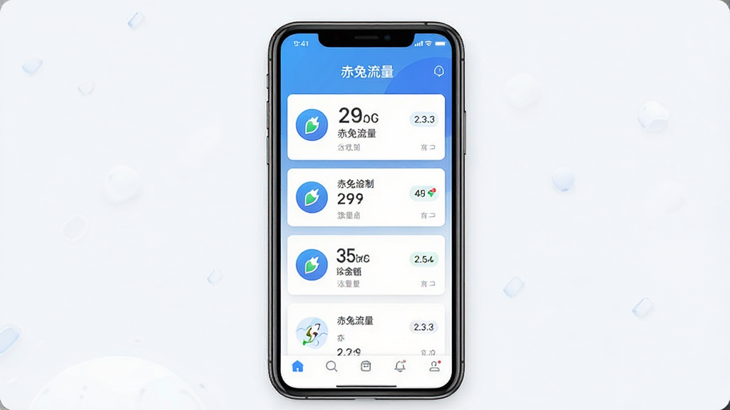 画面主体为一部智能手机屏幕显示赤兔流量APP主界面,布局为居中手机正面展示,屏幕内呈现流量卡片列表与余额数字,排版简洁上下结构,风格为现代科技感扁平化设计,细节包括蓝色渐变背景、白色卡片、圆形流量图标、底部导航栏,画质高清干净无多余元素,图片中文字标注“赤兔流量”与“2.3.3”