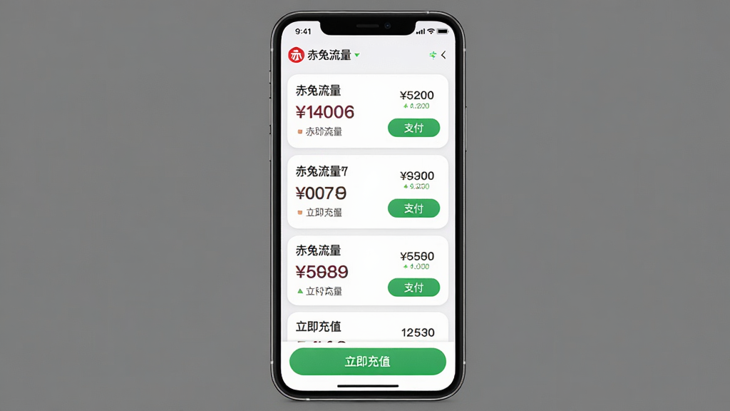 画面主体为赤兔流量APP充值页面手机截图风格,布局为手机屏幕居中展示充值套餐列表与支付按钮,排版为纵向列表结构,风格为柔和圆角卡片设计,细节包含金额数字、套餐名称、绿色支付按钮、顶部余额提示,画质高清干净无多余元素,图片中文字标注“赤兔流量”与“立即充值”