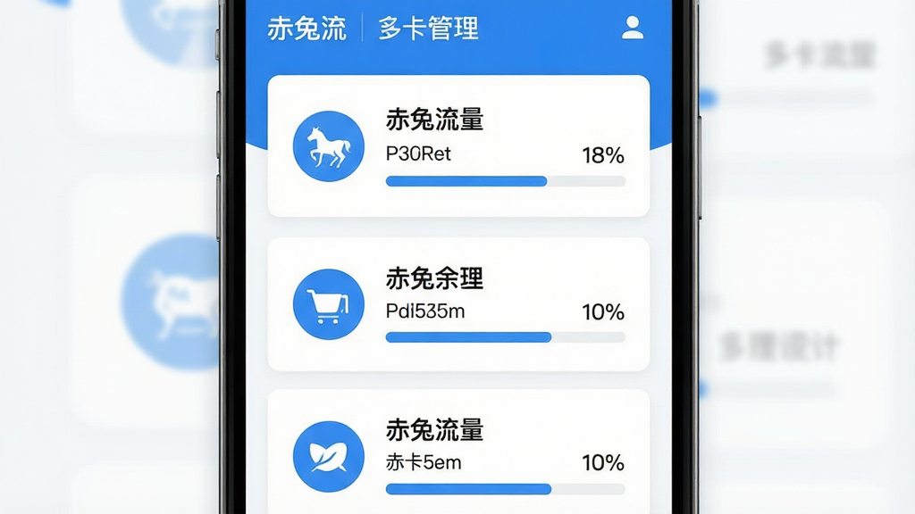 画面主体为赤兔流量APP的多卡管理界面,布局为三张卡片纵向排列于手机屏幕内,排版突出卡片标题与余量进度条,风格为清新浅色系扁平设计,细节包含蓝色主色调、圆形图标、进度条百分比数字,画质高清干净无多余元素,图片中文字标注“赤兔流量”与“多卡管理”