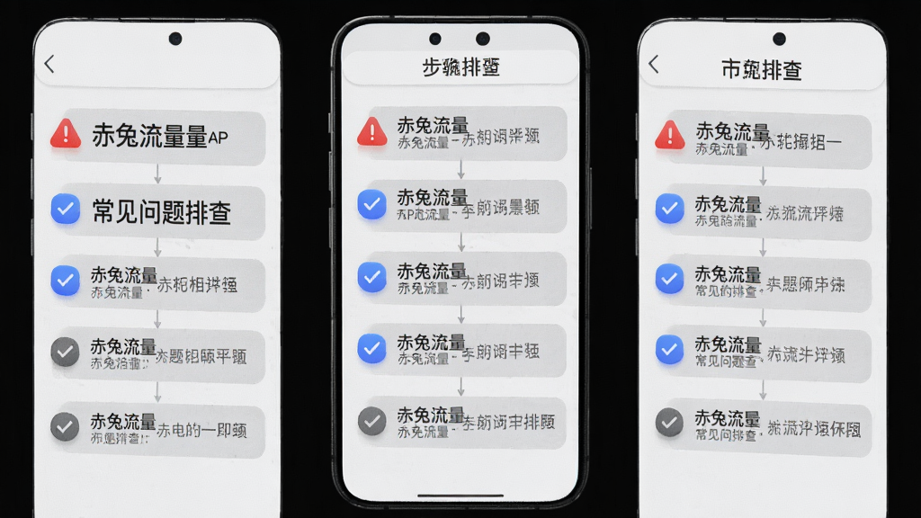 画面主体为赤兔流量APP问题排查流程图风格,布局为手机屏幕内展示步骤列表与提示图标,排版为纵向步骤结构,风格为浅灰质感简洁设计,细节包含红色警示图标、蓝色对勾图标、灰色说明文字块,画质高清干净无多余元素,图片中文字标注“赤兔流量”与“常见问题排查”