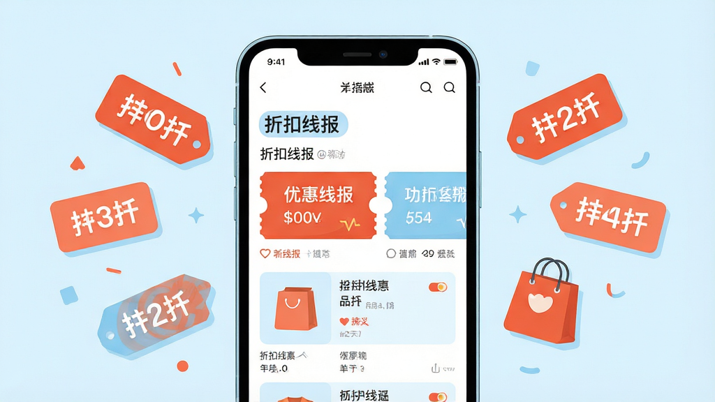 主体为一部智能手机置于画面中央,屏幕显示折扣线报应用首页,包含优惠券卡片与商品列表;布局采用居中对称构图,手机两侧漂浮若干折扣标签与购物袋图标;排版上标题区域留白充足,信息层级分明;风格为清新扁平化插画,配色以橙红与浅蓝为主;细节上屏幕内文字清晰可辨,标注