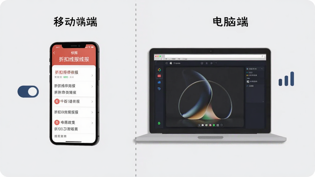 主体为一部手机与一台笔记本电脑并排摆放,手机屏幕显示折扣线报线报列表,电脑屏幕显示模拟器界面;布局为左右对比构图,中间以虚线分隔;排版上标注移动端与电脑端字样;风格为简洁说明性插画,浅灰背景;细节上手机旁有权限开关图标,电脑旁有网络信号图标;画质清晰,画面干净,无多余元素