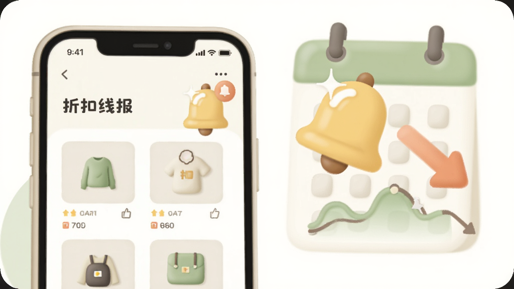 主体为手机屏幕显示收藏列表与提醒铃铛图标,屏幕旁有一个日历与价格曲线元素;布局为左右结构,左侧手机、右侧辅助图形;排版上留白适中,重点突出铃铛与价格下降箭头;风格为柔和圆角插画,米白与浅绿配色;细节上屏幕内可见