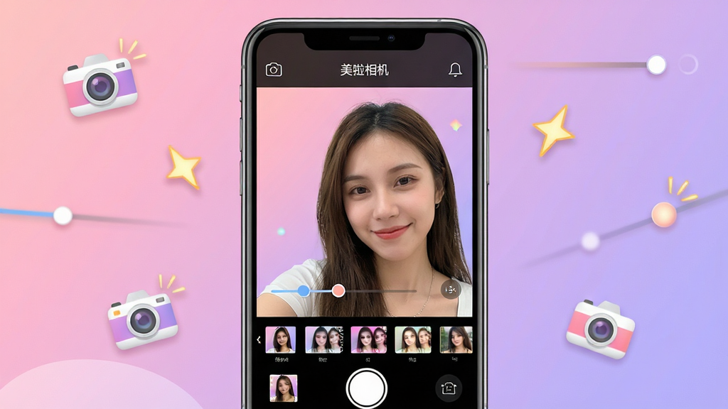 一款名为“美啦相机”的手机美颜拍照软件界面展示,画面中央是手机屏幕,屏幕上显示一位年轻女性正在使用前置摄像头自拍,屏幕内可见美颜参数调节滑块和多种滤镜缩略图,背景为柔和的粉紫色渐变,周围点缀着相机图标与闪光符号,整体布局简洁明快,风格清新时尚,细节丰富,画质清晰,干净无多余元素