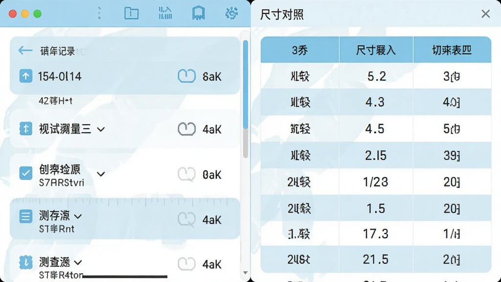 直尺测量软件界面截图风格插画,画面分为左右两部分,左侧显示测量记录列表,右侧显示尺寸对照表格,整体配色为浅蓝与白色,布局规整,风格为扁平化信息图,细节包含清晰的文字标签与数字,画质高清,干净,无多余元素