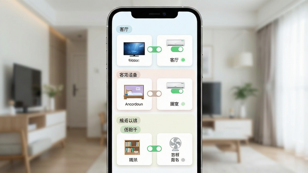 一张展示多设备统一管理界面的图,画面主体为手机屏幕,屏幕内以房间分组形式展示客厅、卧室、书房三个区域,每个区域下挂载电视、空调、风扇设备卡片,布局为纵向分层排版,风格为清新浅色UI展示风,细节包括房间标签、设备图标、开关状态,画质干净清晰,无多余元素