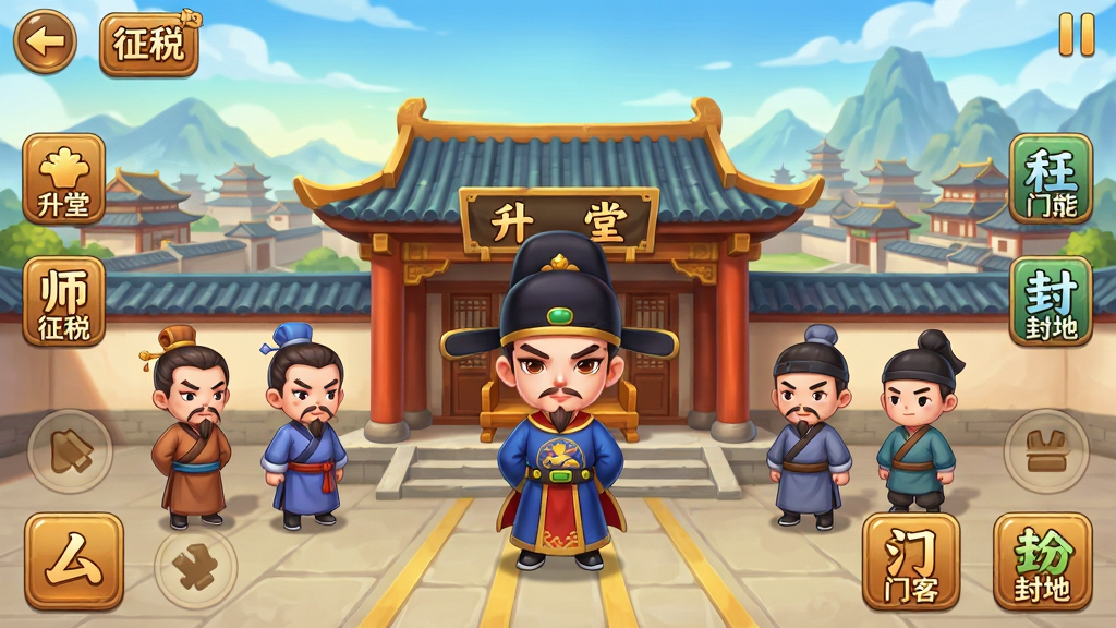一款古风官场养成手游的主界面全景展示,画面中央是气派的古代衙门大堂,身着官服的主角立于堂前,两侧排列着师爷与衙役,背景为层叠的古代城池与远山,界面四周分布着升堂、征税、门客、封地等功能按钮,整体采用Q版卡通渲染风格,色彩明亮温暖,细节丰富,画质清晰干净,无多余杂乱元素