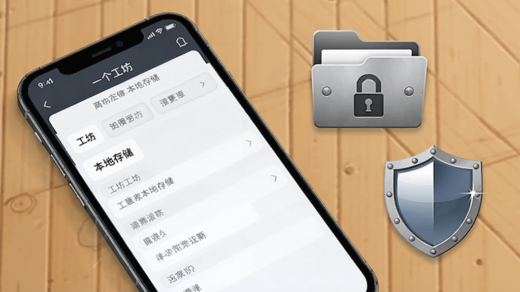 一部手机平放在木质桌面上,手机屏幕显示一个工坊的本地存储设置页面,旁边放置一个带锁的文件夹图标和一块盾牌图标,构图采用水平排列,风格为简约科技插画,细节包括手机界面的“一个工坊”文字、文件夹金属质感、盾牌高光,画质高清,干净,无多余元素