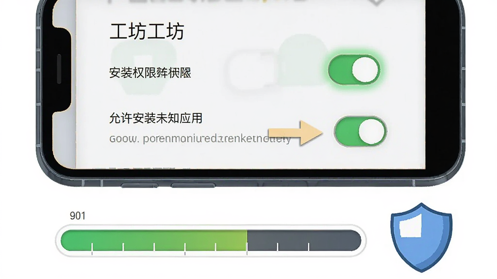 一部手机屏幕显示一个工坊的安装权限设置界面,旁边有箭头指向“允许安装未知应用”开关,画面下方放置一个存储空间指示条和盾牌图标,构图采用从上到下的流程式布局,风格为简洁说明插画,细节包括手机界面的“一个工坊”文字、开关高亮、存储条刻度,画质高清,干净,无多余元素