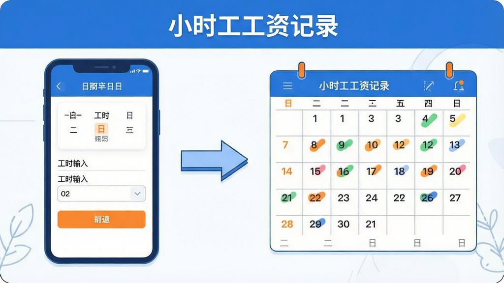 一张表现“小时工工资记录”软件极简记工流程的示意图,画面左侧为手机屏幕显示日期选择与工时输入表单,中部为箭头指向右侧的日历视图,日历上多个日期带有彩色标记,画面风格为扁平插画,配色以蓝白为主辅以橙色点缀,布局横向三段式,细节干净,画质清晰,无多余装饰元素