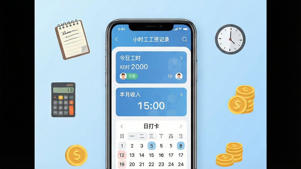 一张展示手机应用界面的产品展示图,画面中央是一部竖屏智能手机,屏幕上显示“小时工工资记录”软件的首页界面,包含今日工时卡片、本月收入汇总数字和日历打卡视图,手机周围以扁平化风格环绕着手写记事本、计算器、时钟和金币等小图标,背景为干净的浅蓝色渐变,整体风格清爽现代,布局居中对称,细节清晰,画质高清,干净无多余元素