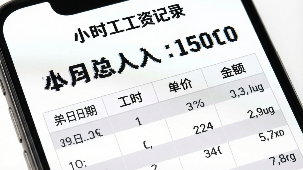 一张展示“小时工工资记录”月度统计报表界面的图片,画面为手机屏幕特写,屏幕上呈现月度考勤汇总表格,包含日期、工时、单价、金额四列数据,顶部有本月总收入的大字显示,表格行间以浅灰色隔行底色区分,整体风格简洁商务,背景为纯白色,画质高清,文字清晰,干净无杂乱元素