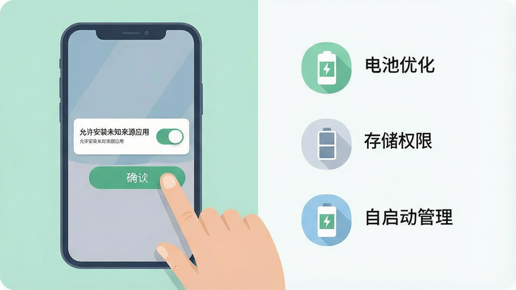 一张表现手机应用安装与权限设置场景的示意图,画面中一部手机屏幕显示“允许安装未知来源应用”的开关界面,旁边有一只手正在点击确认按钮,画面右侧以图标形式列出电池优化、存储权限、自启动管理三个设置项,整体风格为扁平化信息图,配色清新淡雅,布局左中右三段式,细节清晰,画质干净,无多余元素