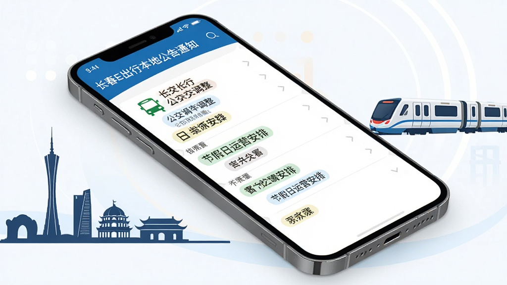 一张表现长春E出行本地公告通知功能的图片,画面是一部手机显示通知列表页面,列表项带有公交线路调整、节假日运营安排等文字标签,手机旁配以长春城市地标剪影与轻轨列车元素,主体为手机界面,布局为斜角展示,风格现代简洁,细节清楚,画质干净,无多余元素