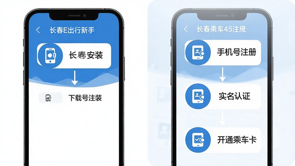 一张表现长春E出行新手使用引导的图片,画面为手机屏幕展示安装与注册步骤流程图,图中包含下载安装、手机号注册、实名认证、开通乘车卡四个步骤图标,配色为蓝白清新风格,主体为手机与步骤流程图并排布局,风格扁平化教程插画,细节清楚,画质干净,无多余元素